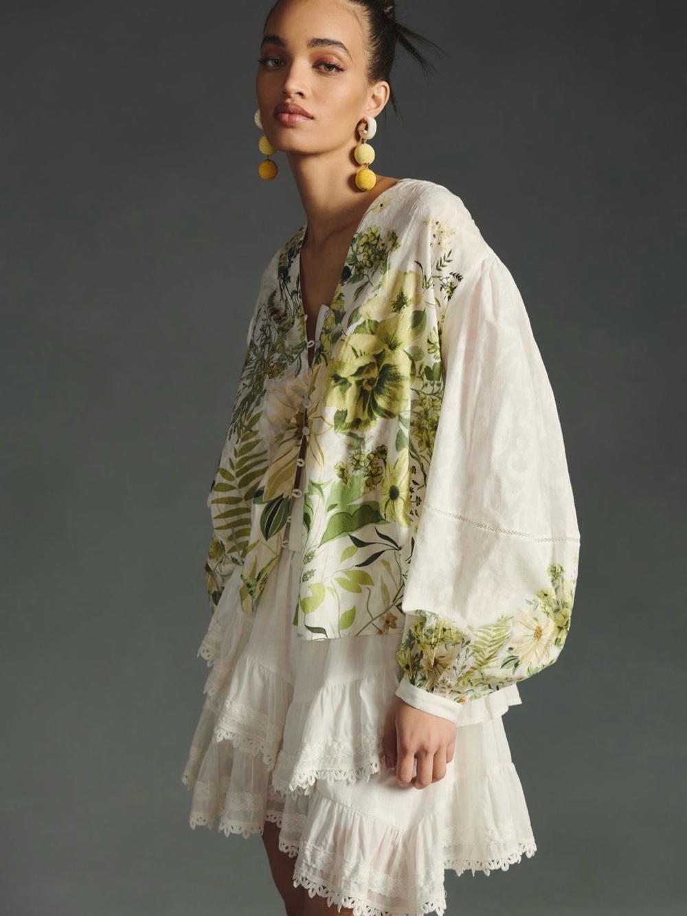 Anthropologie White Blouse with Green Botanical Print
